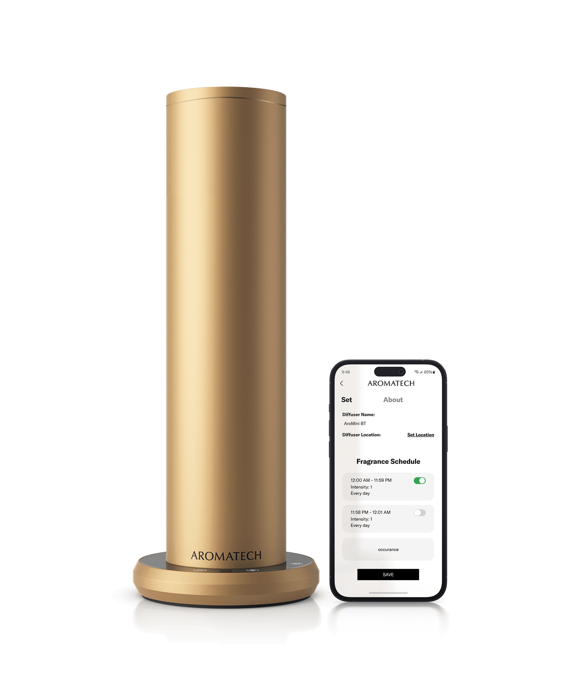 Gold AroMini® BT Plus next to a phone showing the AromaTech app with a transparent background